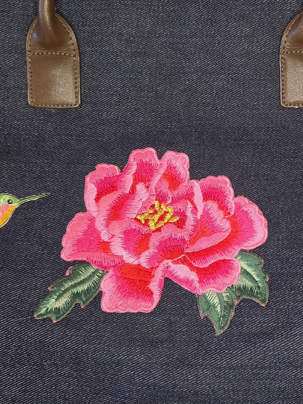 Upcycled Dark Wash Blue Denim Tote Bag With Floral Design - Picture 6 of 6